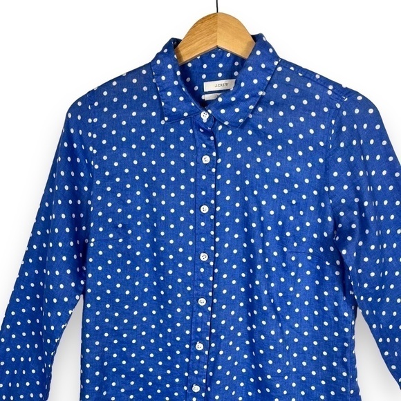 4 for $40 SALE!J Crew Perfect 100% Linen Button Up Shirt, Blue Polka Dot, Size 2 - Picture 2 of 11